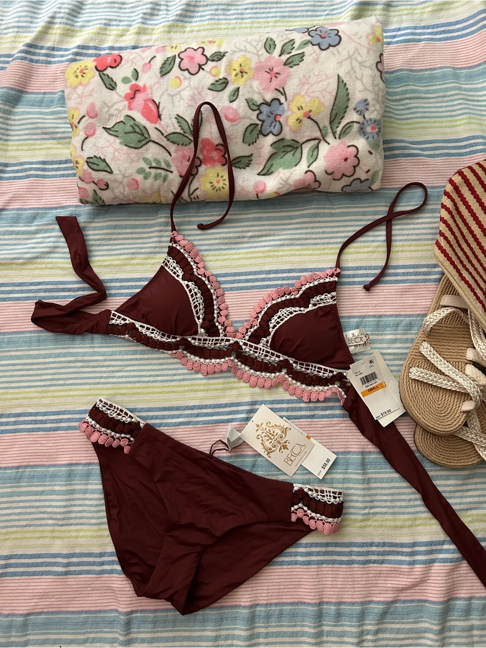 NWT Maroon Bikini Set with Pink & Cream Embroidery